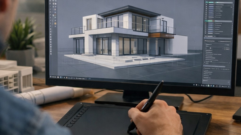 Arquitecto trabajando en diseño digital de vivienda moderna en software de modelado 3D