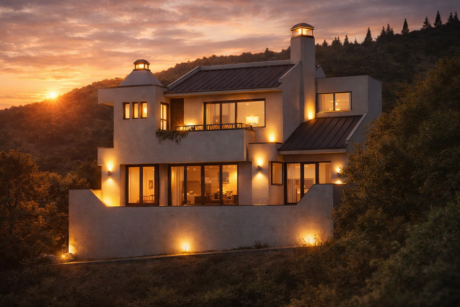 Casa residencial contemporánea diseñada y construida por Modulare en Ciudad de Guatemala con iluminación arquitectónica exterior.