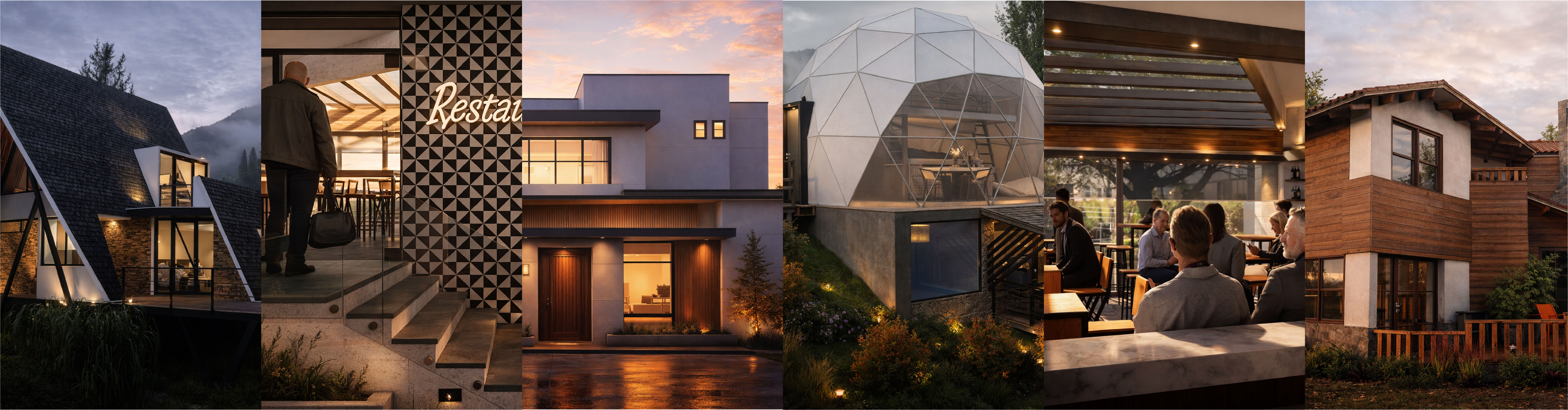 Imagen principal de Modulare mostrando diseño arquitectónico residencial con degradado oscuro y logos de sus divisiones: arquitectura, cortinas, bienes raíces y transporte ejecutivo.