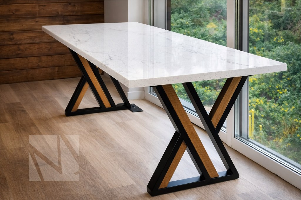 Mesa moderna de cuarzo blanco con estructura metálica negra y detalles en madera, ubicada junto a ventanales con vista natural.