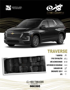 Chevrolet Traverse negra de 7 asientos de Línea Ejecutiva y Modulare Transportes, servicio ejecutivo con aire acondicionado, GPS y capacidad para 5 pasajeros con maletas.