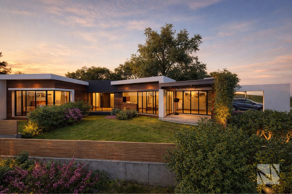 Residencia moderna en Residencial El Encanto diseñada por Modulare Arquitectos con volúmenes horizontales, madera y amplios ventanales.