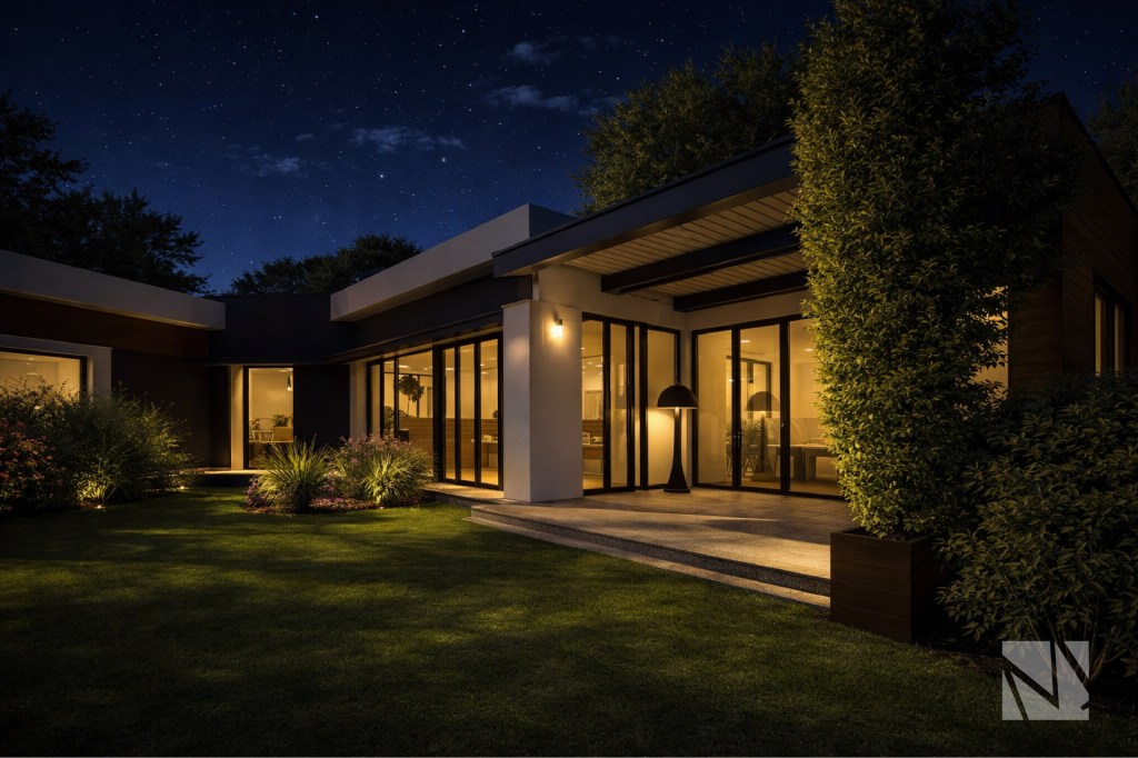 Vista nocturna de casa moderna en Residencial El Encanto con iluminación arquitectónica y amplios ventanales.