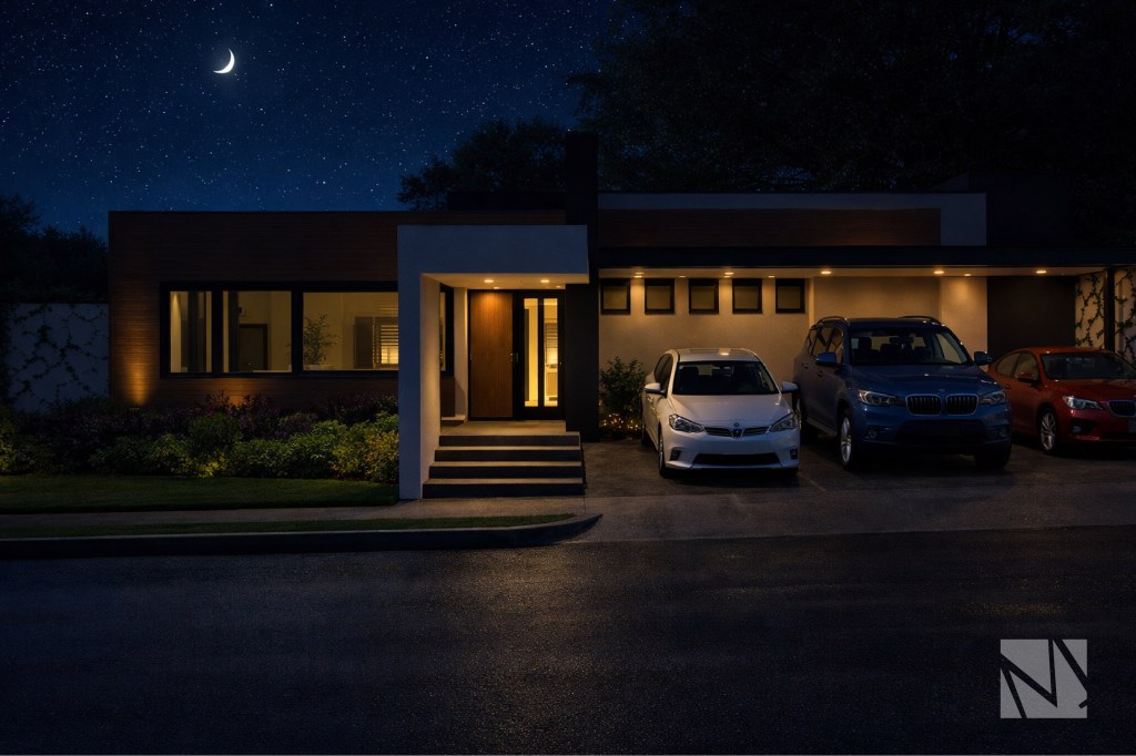 Fachada iluminada de residencia contemporánea diseñada por Modulare Arquitectos en Residencial El Encanto, La Libertad.