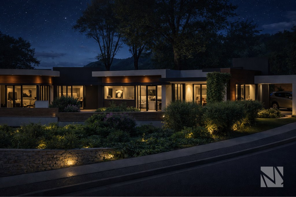 Fachada iluminada de residencia contemporánea diseñada por Modulare Arquitectos en Residencial El Encanto, La Libertad.