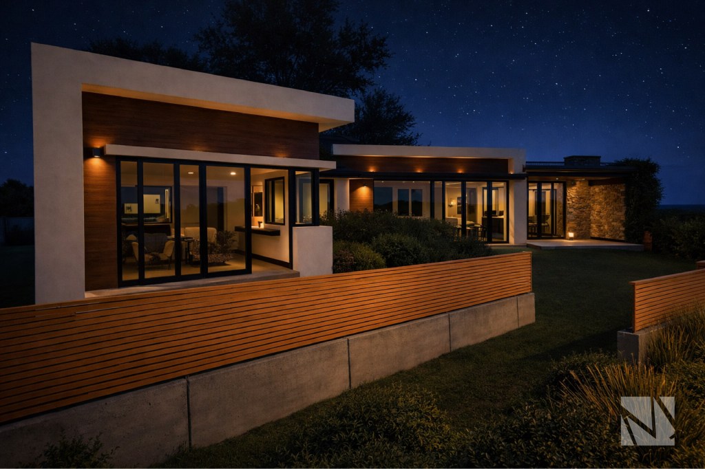Vista nocturna de casa moderna en Residencial El Encanto con iluminación arquitectónica y amplios ventanales.