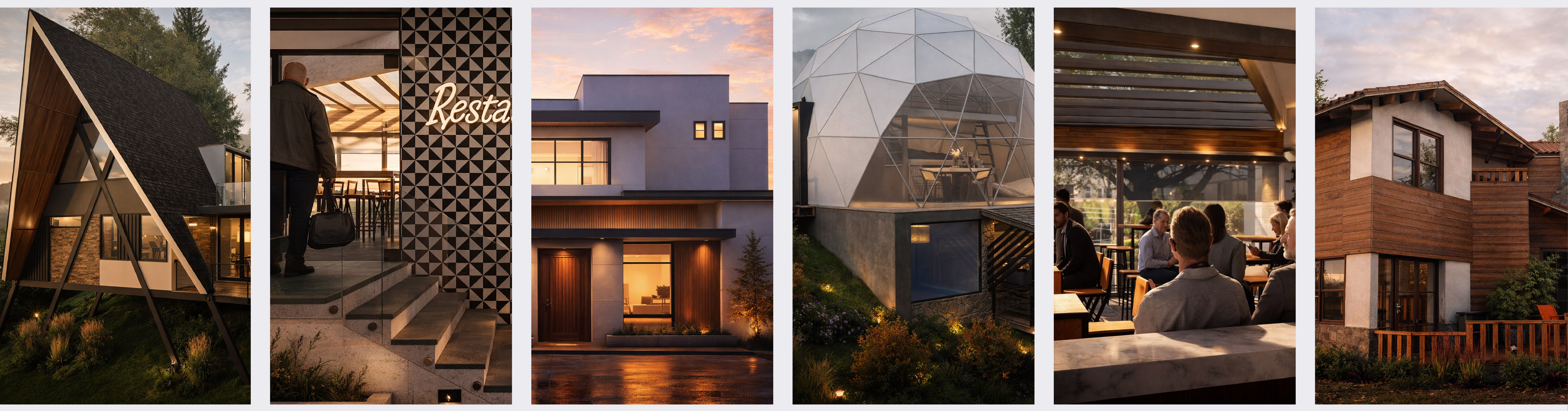 Imagen principal de Modulare mostrando diseño arquitectónico residencial con degradado oscuro y logos de sus divisiones: arquitectura, cortinas, bienes raíces y transporte ejecutivo.