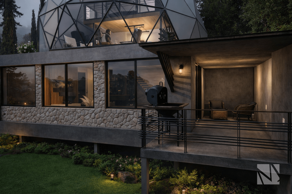 Cabaña modular tipo A-frame diseñada por Modulare Arquitectos en Apaneca El Salvador con arquitectura contemporánea integrada al paisaje montañoso.