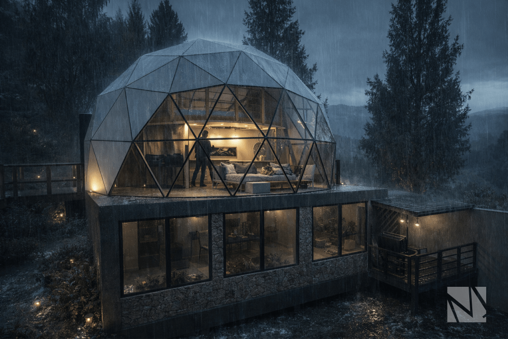 Dormitorio en cabaña tipo A-frame con acabados en madera y diseño interior minimalista.