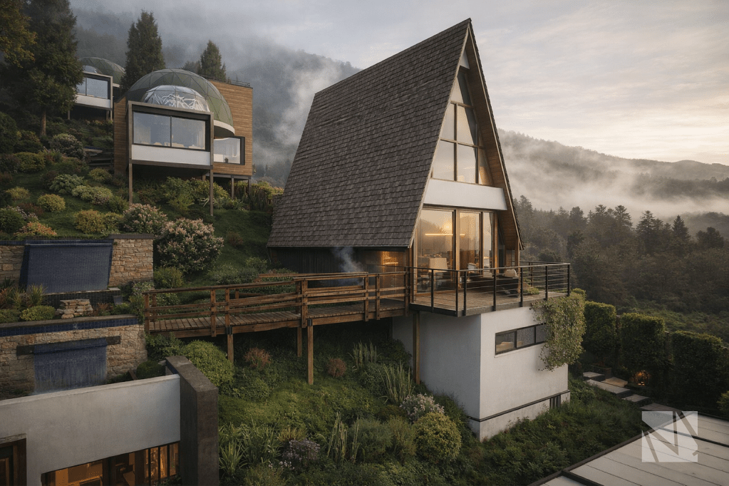 Interior de cabaña modular con mezzanine, escalera metálica y estructura en madera.