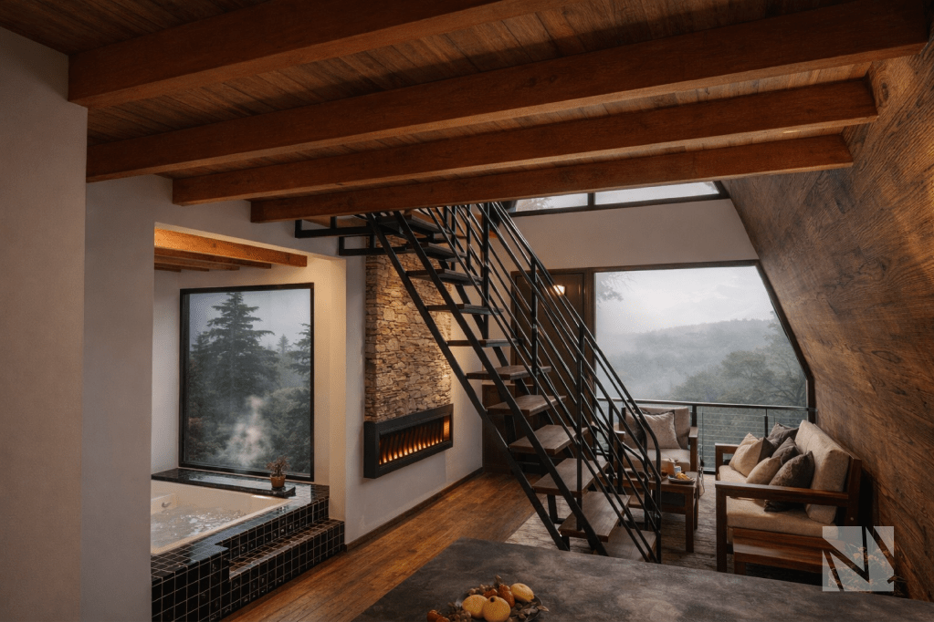 Baño interior con jacuzzi y chimenea en cabaña modular de lujo en Apaneca.