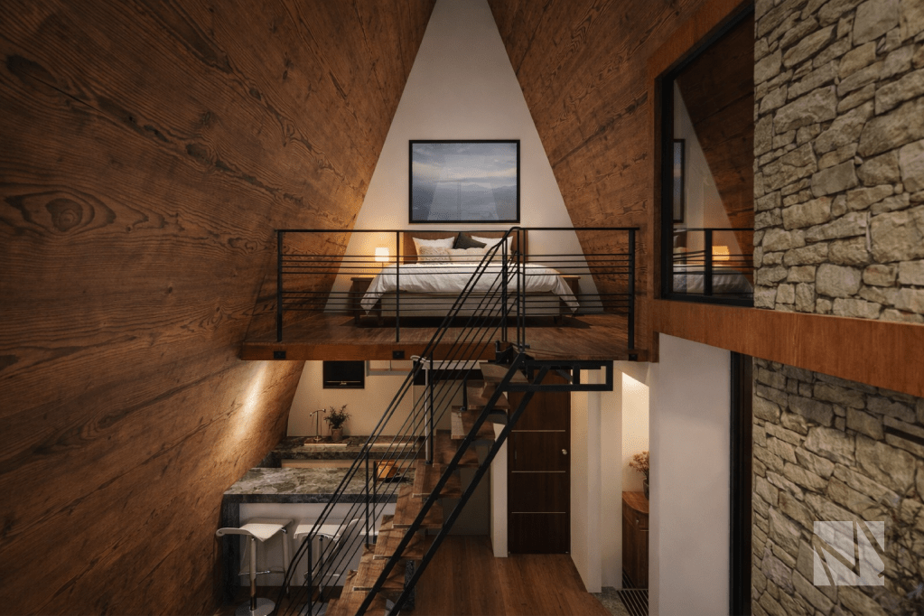 Terraza exterior de cabaña modular con vista panorámica y espacio de descanso.