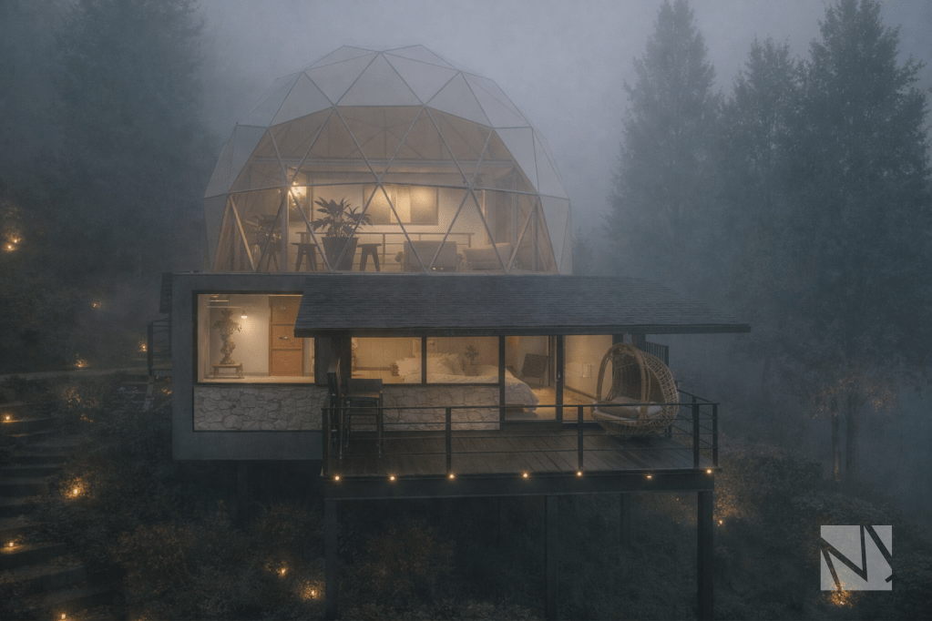 Cúpula geodésica iluminada durante la noche en complejo turístico de cabañas en Apaneca.