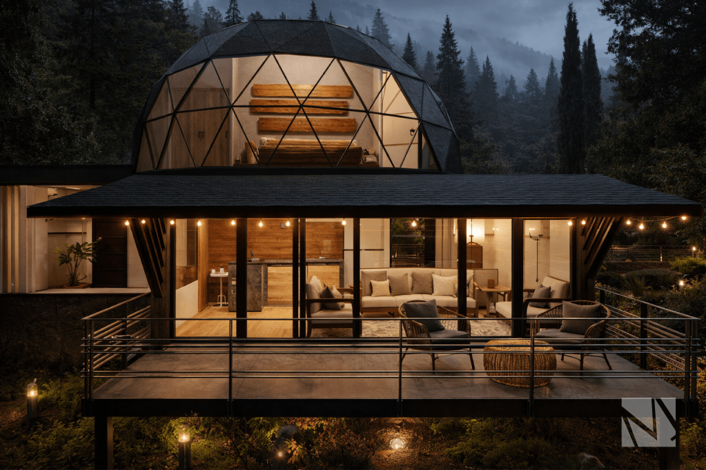Cabaña turística con cúpula geodésica superior y terraza exterior.
