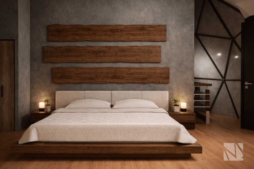 Dormitorio minimalista en cabaña modular con acabados en madera y diseño interior contemporáneo en Apaneca El Salvador.