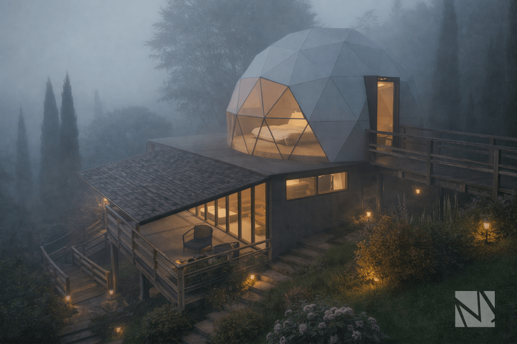 Cúpula geodésica instalada sobre cabaña en bosque montañoso con diseño turístico en Apaneca El Salvador.