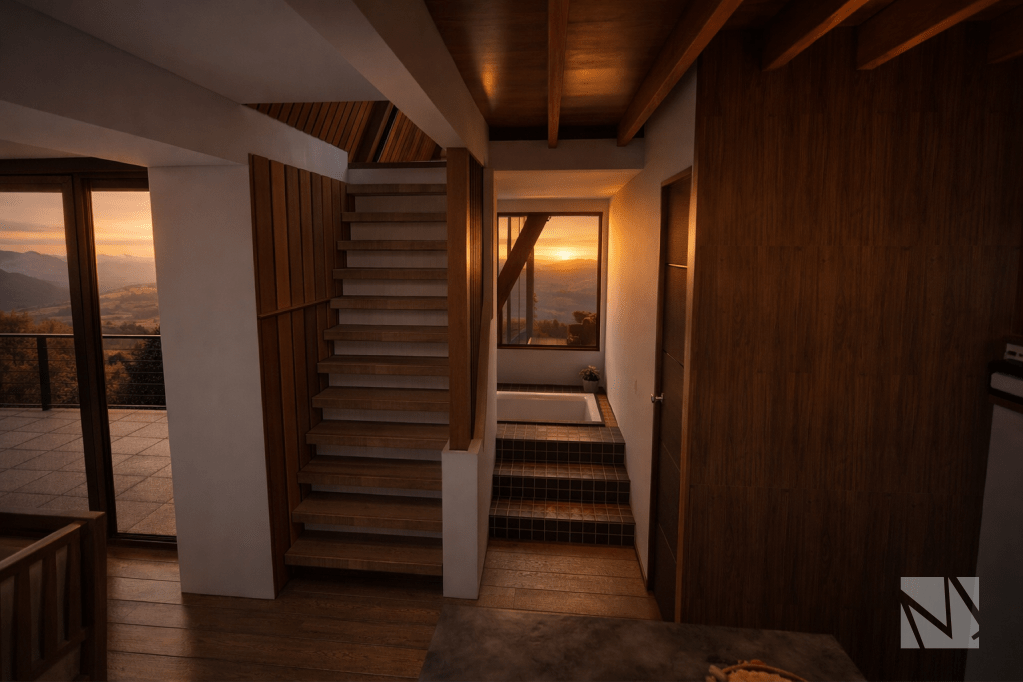 Interior de cabaña modular con escalera de madera y jacuzzi con vista panorámica a la montaña.