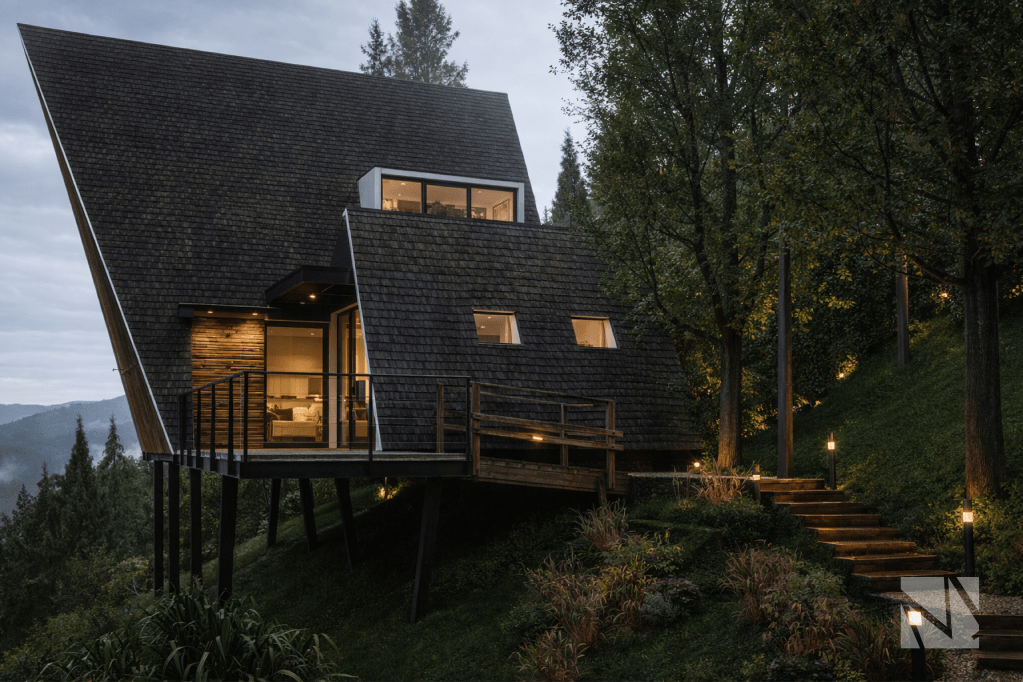 Cabaña tipo A-frame elevada sobre pilotes en entorno natural montañoso.