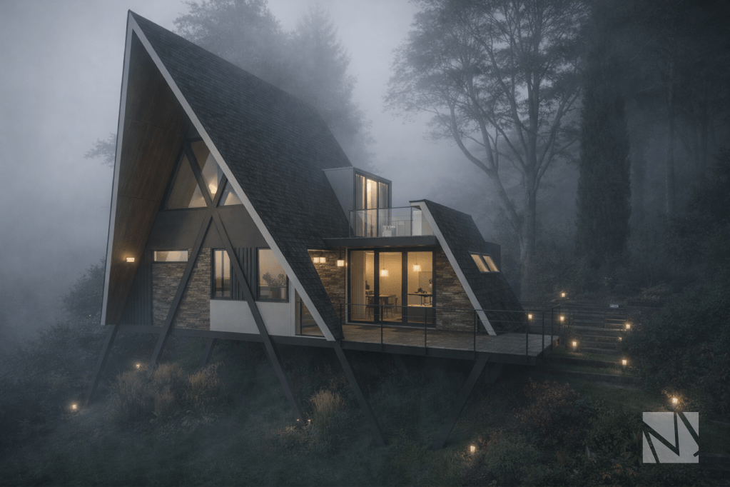Cabaña A-frame moderna en bosque con neblina y terraza panorámica.