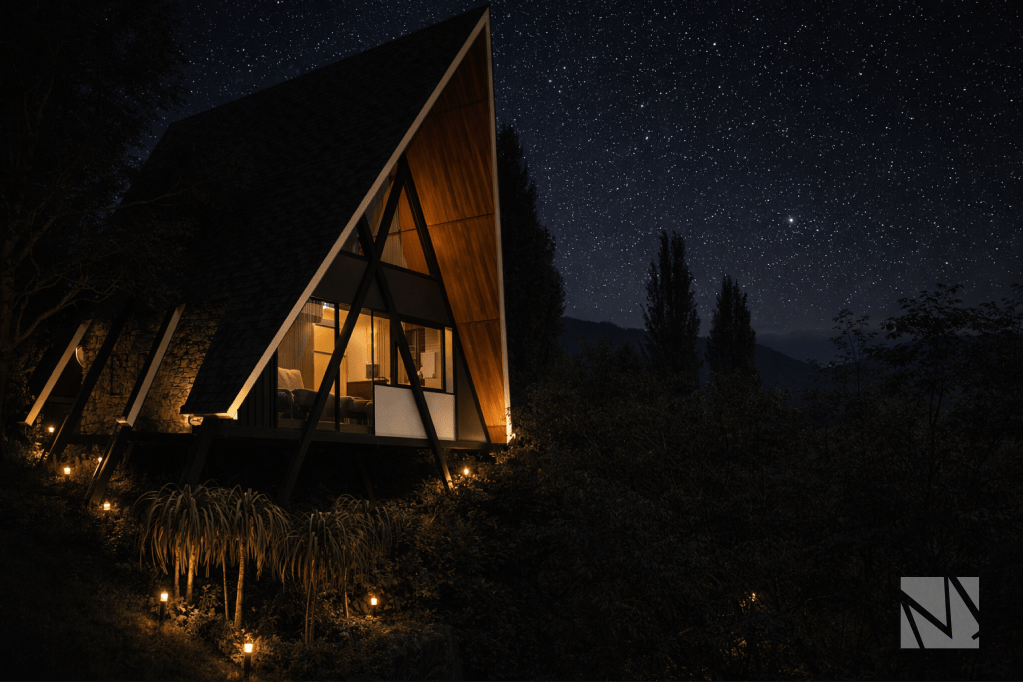 Cabaña A-frame iluminada durante la noche en paisaje natural bajo cielo estrellado.