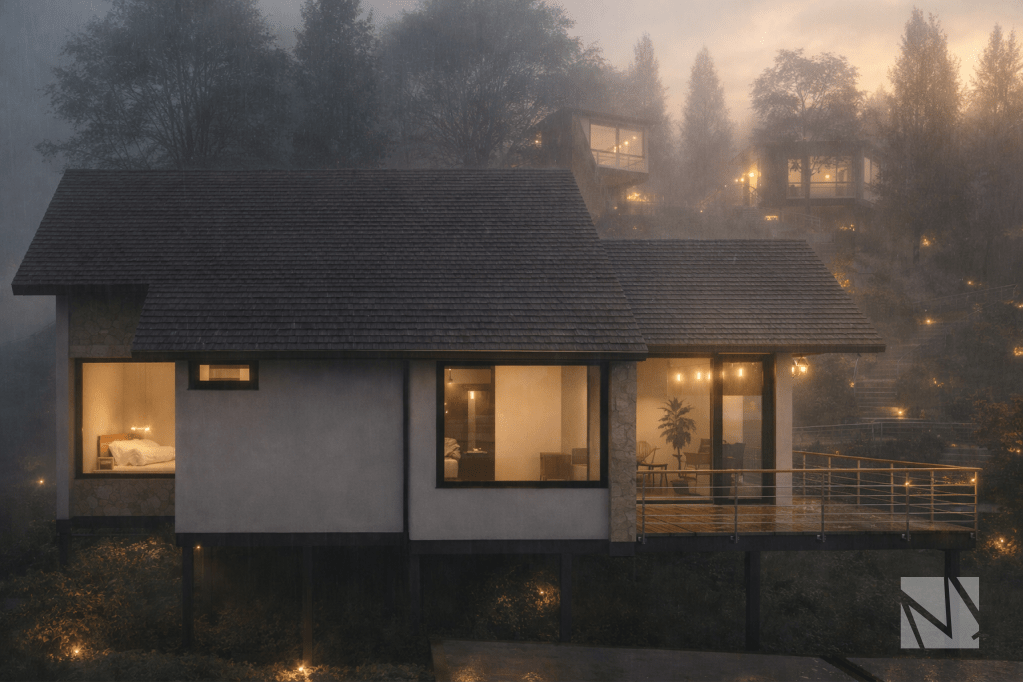 Cabaña modular elevada con terraza panorámica en complejo turístico de montaña.