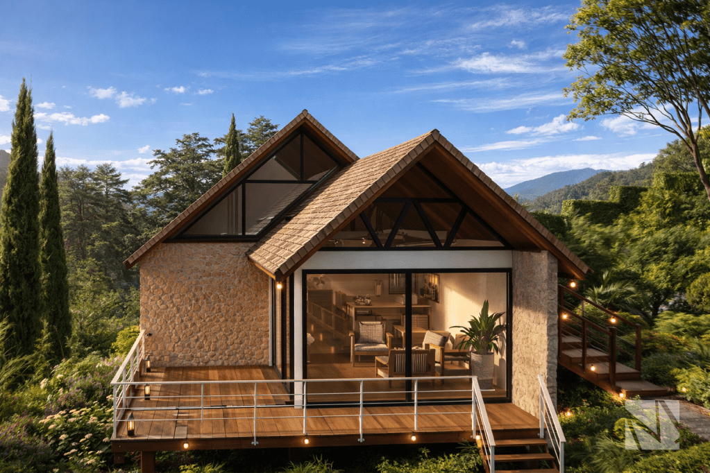 Cabaña moderna con terraza y fachada de piedra en paisaje montañoso.