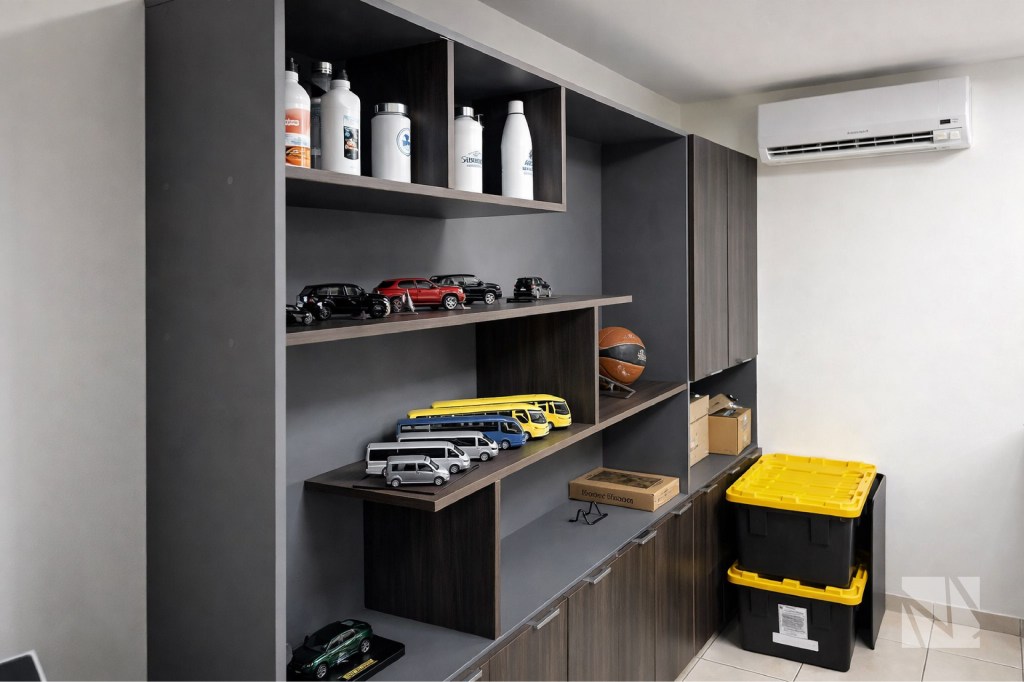 Sistema modular de estanterías y almacenamiento en oficina corporativa fabricado por Modulare Muebles para Línea Ejecutiva.