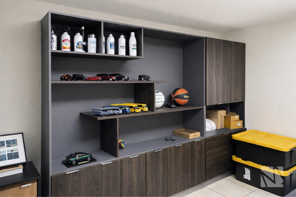 Mobiliario corporativo con repisas abiertas y gabinetes cerrados en acabado madera para organización de oficina.