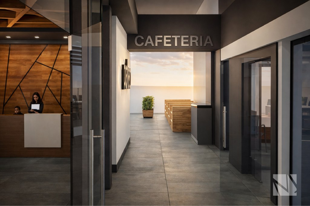 Modern cafeteria corridor inside N1CO corporate offices in Multiplaza San Salvador designed by Modulare.