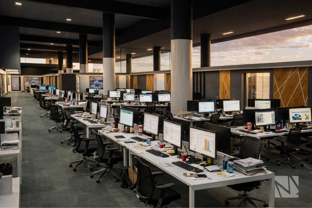 Open workspace design at N1CO offices in Multiplaza San Salvador featuring collaborative desks, modern lighting, and contemporary interior architecture by Modulare.