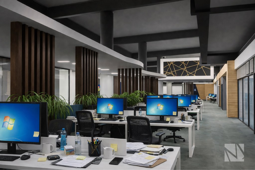 Open workspace design at N1CO offices in Multiplaza San Salvador featuring collaborative desks, modern lighting, and contemporary interior architecture by Modulare.