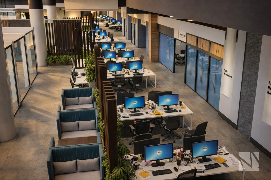 Open workspace design at N1CO offices in Multiplaza San Salvador featuring collaborative desks, modern lighting, and contemporary interior architecture by Modulare.