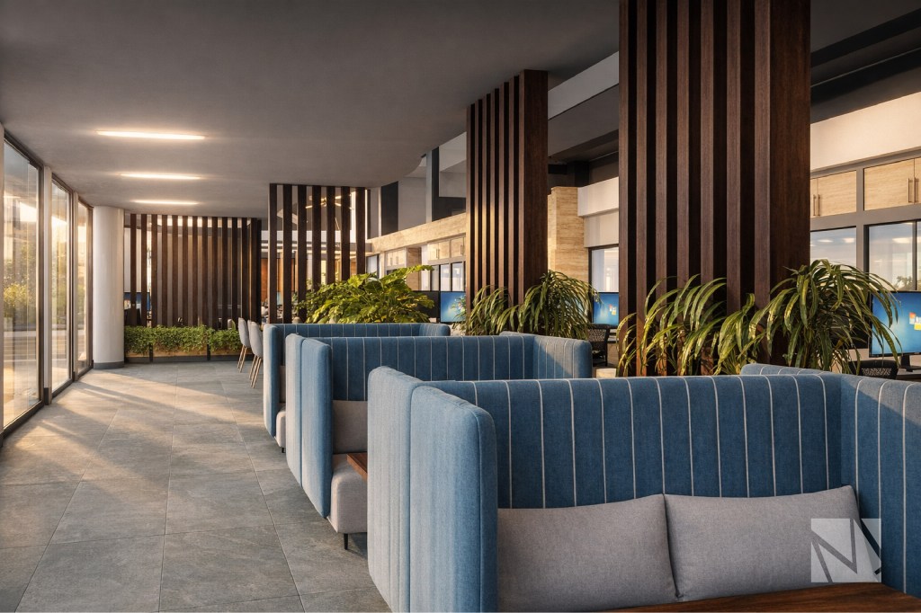 Modern office lounge and collaborative seating area at N1CO offices in Multiplaza San Salvador with natural light and interior vegetation.