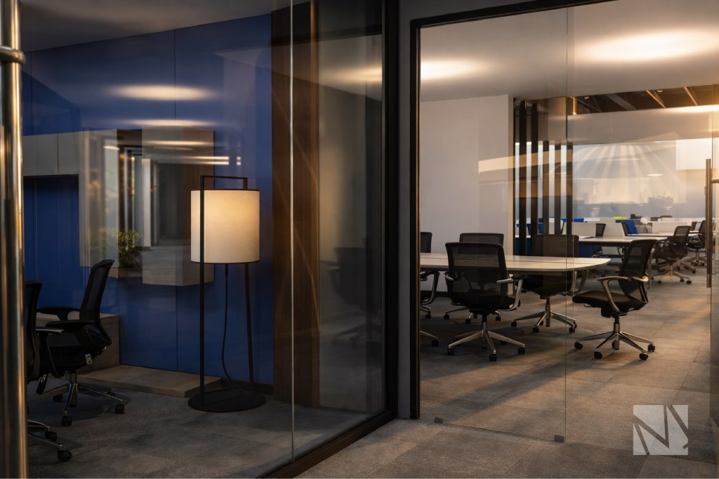 Glass meeting rooms and collaborative work areas at N1CO corporate offices in Multiplaza San Salvador designed by Modulare.