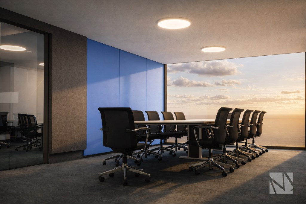 Corporate conference room with panoramic view at N1CO offices in Multiplaza San Salvador designed by Modulare Architects.