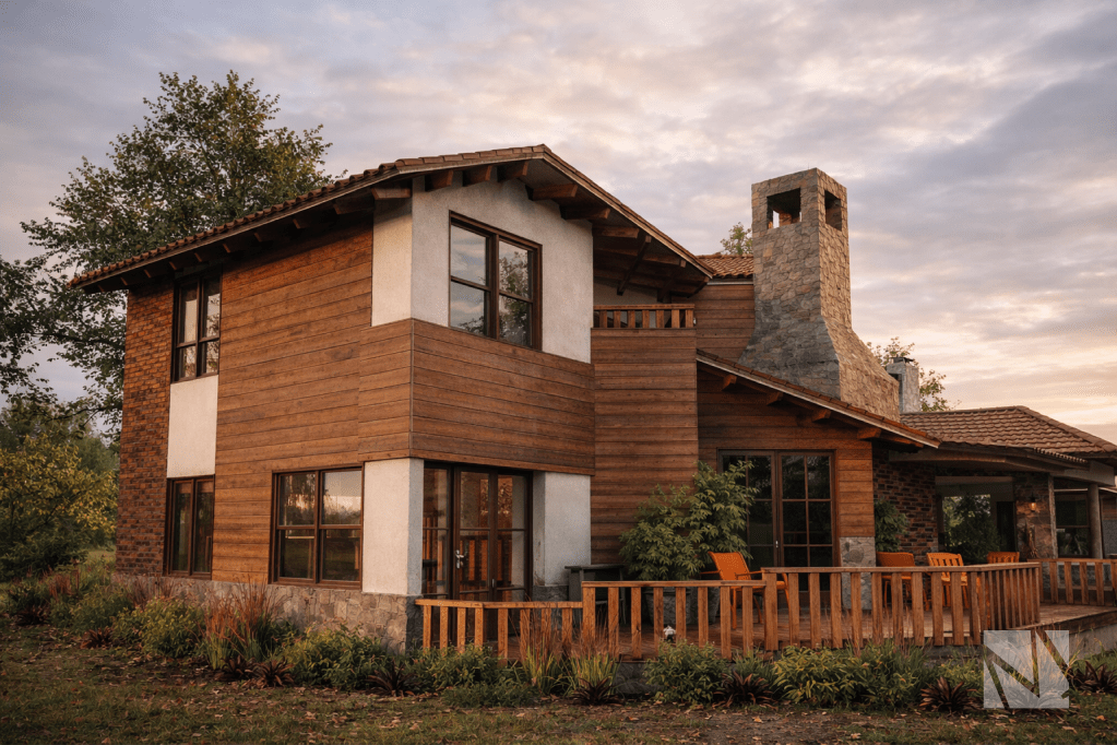 Casa de campo contemporánea diseñada por Modulare Arquitectos en Apaneca, con fachada de madera, piedra natural y techos inclinados.
