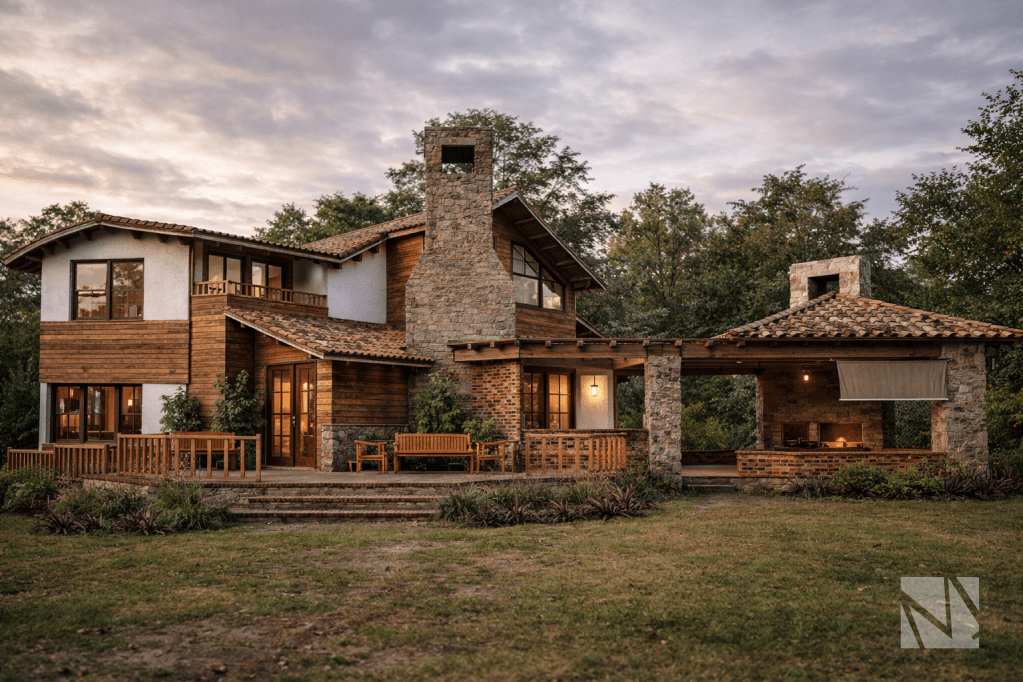 Vista general de casa de campo en Apaneca con terraza exterior, chimenea de piedra y área social al aire libre.