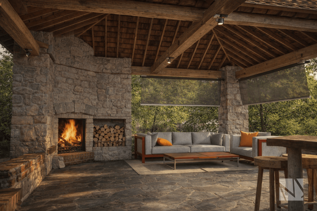 Sala exterior con chimenea de piedra y estructura de madera en casa de campo diseñada por Modulare en Apaneca.