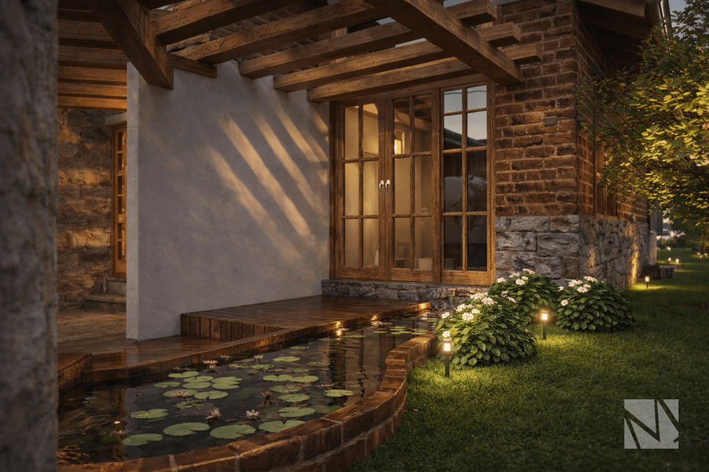 Detalle de jardín con espejo de agua y terraza de madera en casa de campo diseñada en Apaneca, El Salvador.