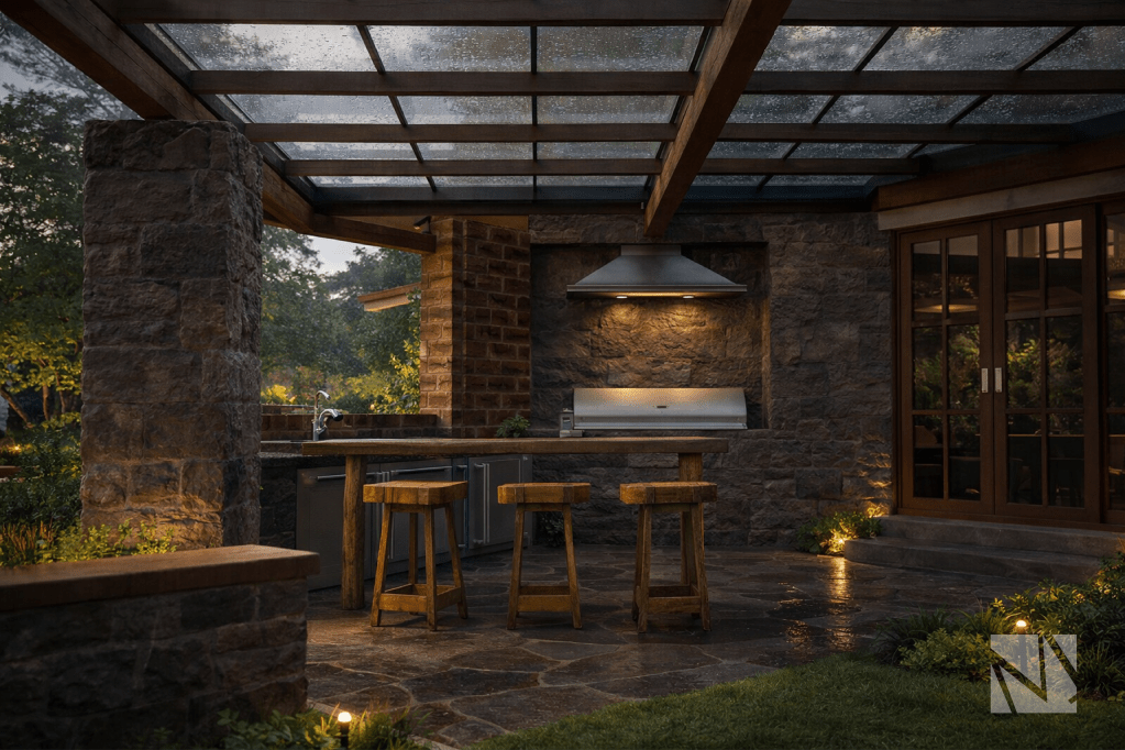 Cocina exterior con barra de madera y cubierta transparente en casa de campo diseñada por Modulare Arquitectos.