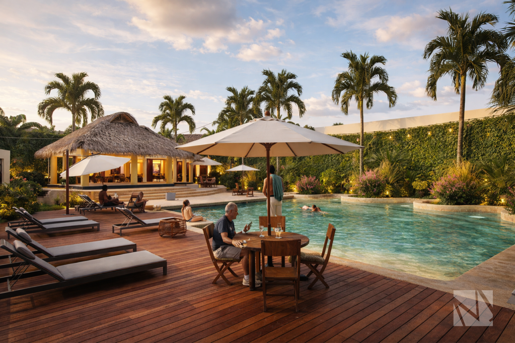 Área social con piscina y rancho en proyecto residencial turístico diseñado por Modulare Arquitectos en El Salvador.
