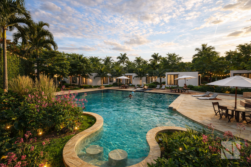 Piscina central rodeada de villas modernas y jardines tropicales en desarrollo turístico diseñado por Modulare Arquitectos.