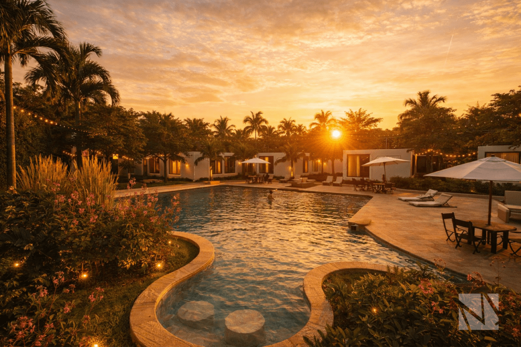 Piscina de resort al atardecer con villas modernas y paisajismo tropical en proyecto arquitectónico de Modulare.