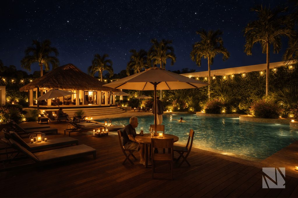 Área de piscina iluminada de noche en proyecto residencial turístico con arquitectura tropical contemporánea.