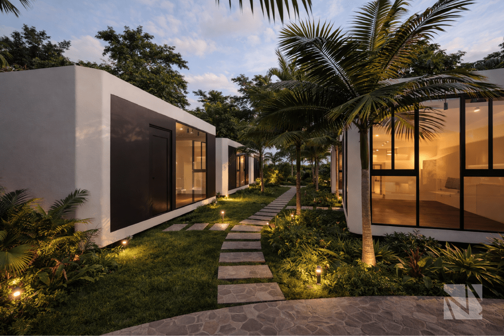 Sendero peatonal entre villas modernas con jardines tropicales en complejo turístico diseñado por Modulare Arquitectos.