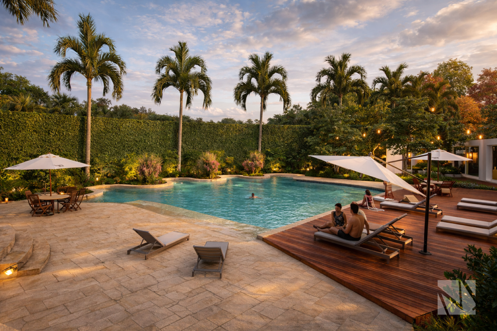 Vista panorámica de piscina con área de descanso y paisajismo tropical en proyecto residencial turístico.