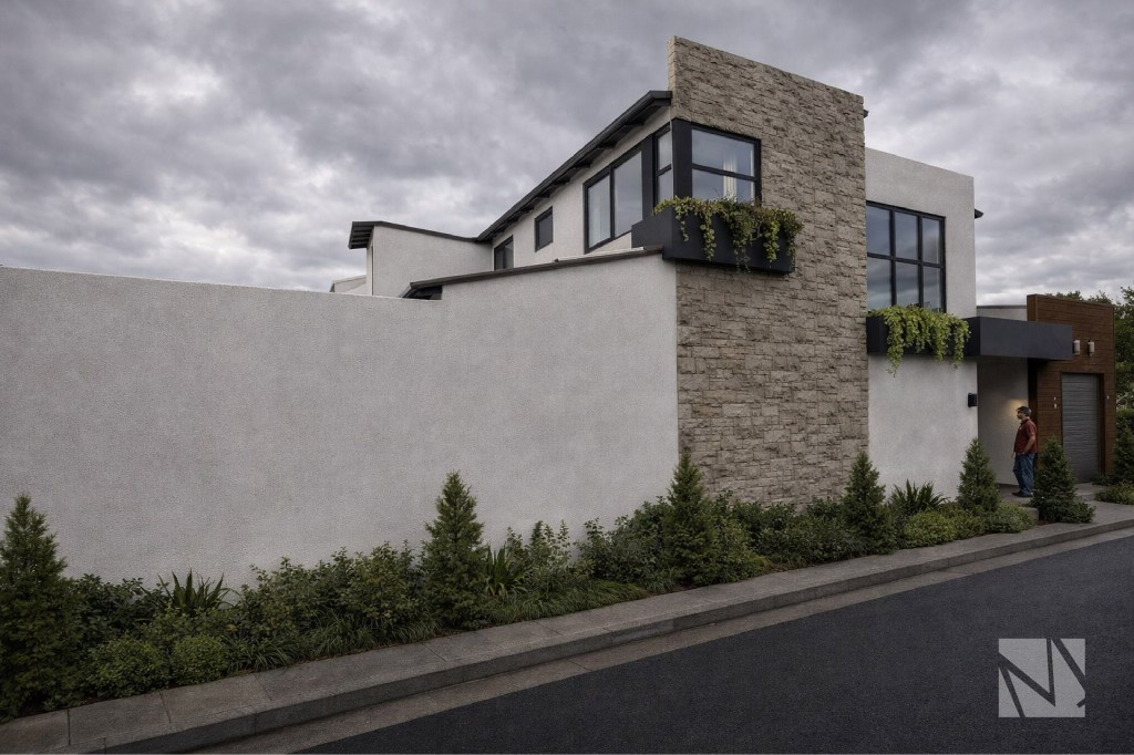 Vista exterior de casa remodelada en Santa Elena con garaje moderno y revestimientos de madera diseñada por Modulare Arquitectos.