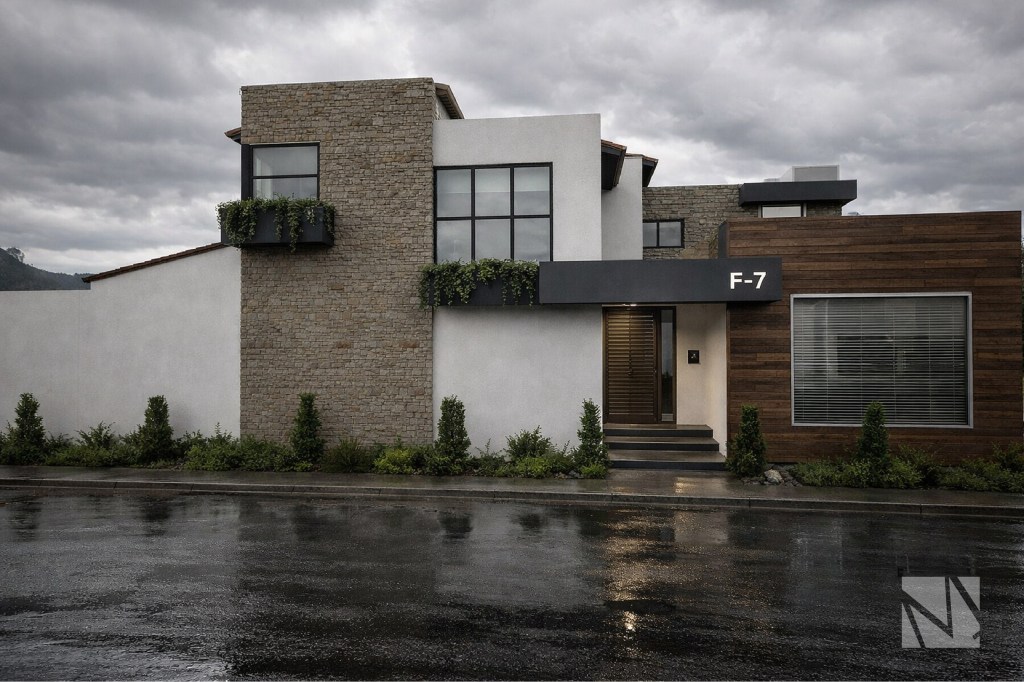 Entrada principal de casa remodelada en Santa Elena con iluminación arquitectónica y revestimientos de madera.