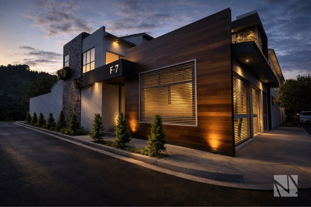 Vista frontal de residencia contemporánea remodelada en Santa Elena con volúmenes modernos y amplios ventanales.