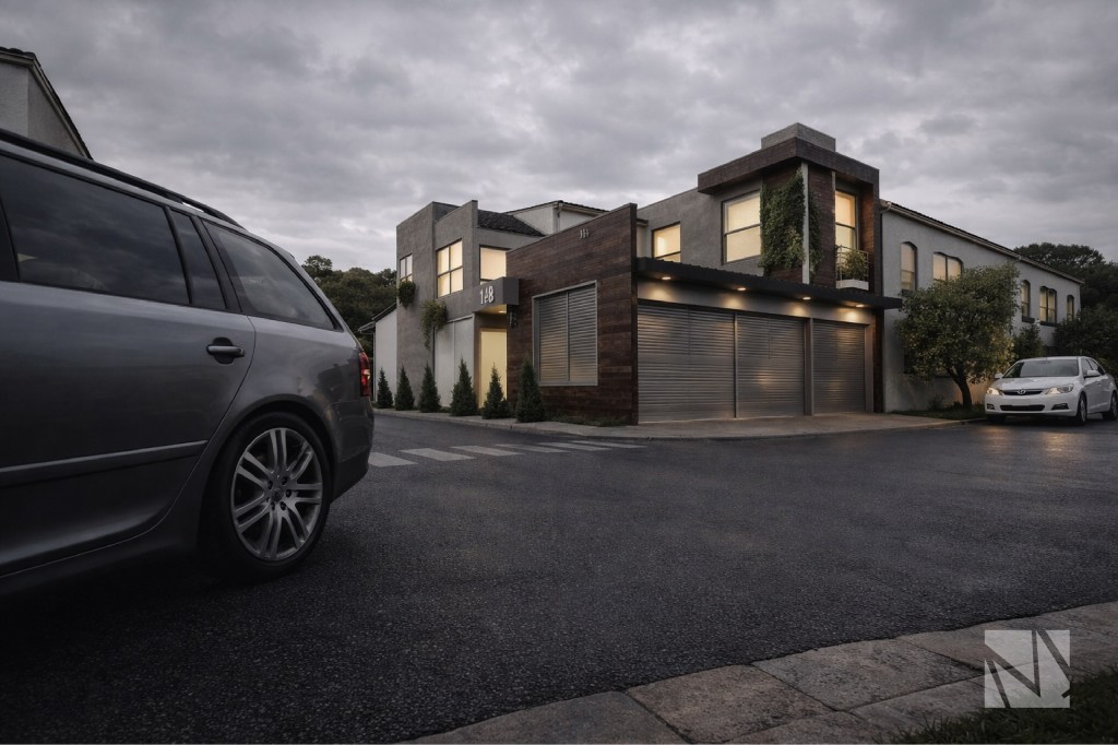 Esquina de casa residencial remodelada en Santa Elena con fachada de madera y garaje moderno.